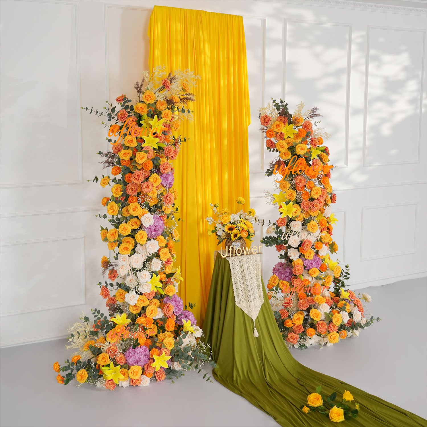 Uflower Orange Yellow Floral Horn Arch Wedding Party Backdrop Decor
